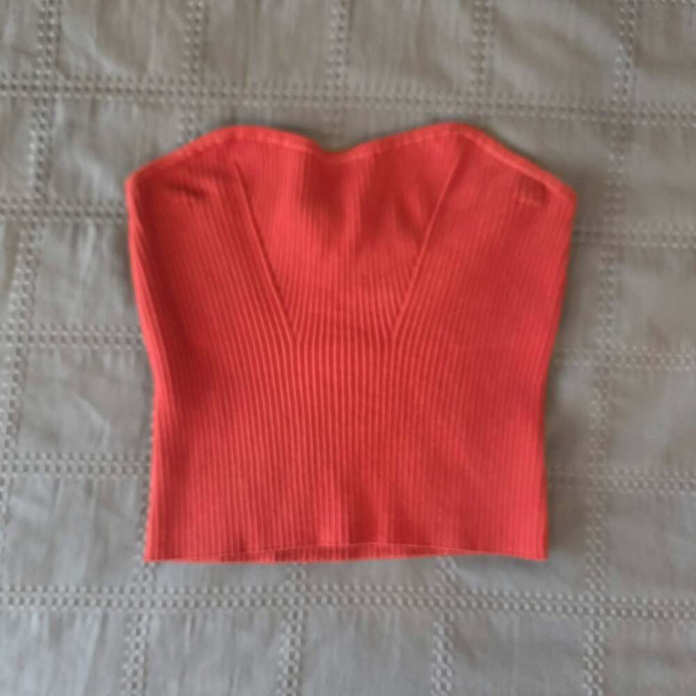 Express Ribbed Strapless Sweater Tube Top in Cinnibar